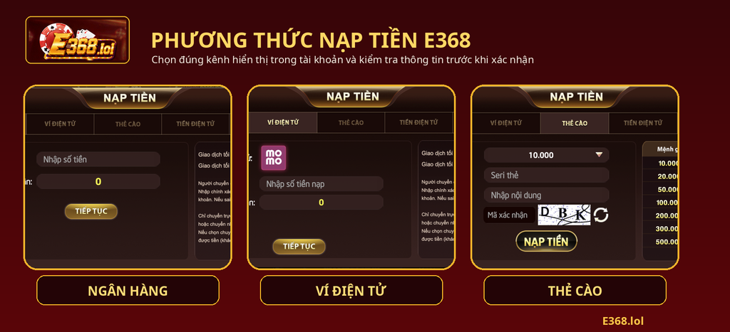Minh họa ba lựa chọn nạp tiền E368: ngân hàng, ví điện tử và thẻ cào.